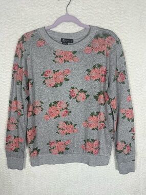 Miss Chievous Gray Crewneck Sweater with Pink Rose Print